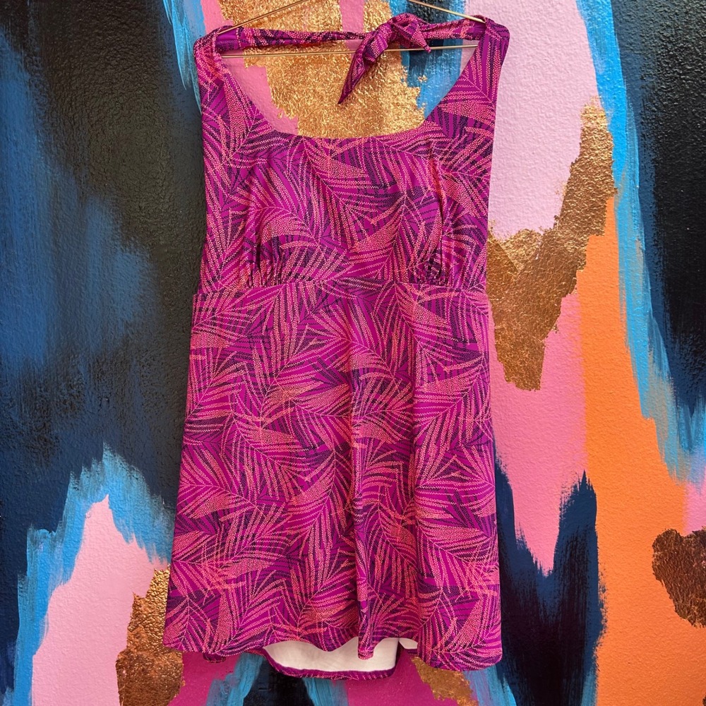 Lands' End Womens 2X Swim Dress Pink Purple Palm Leaf Halter‎ NWOT